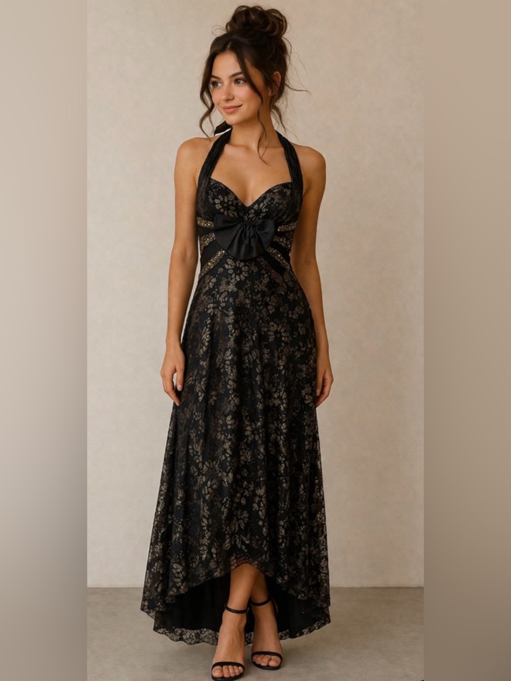 Lara Design high low halter maxi dress Floral Lace Black and Gold